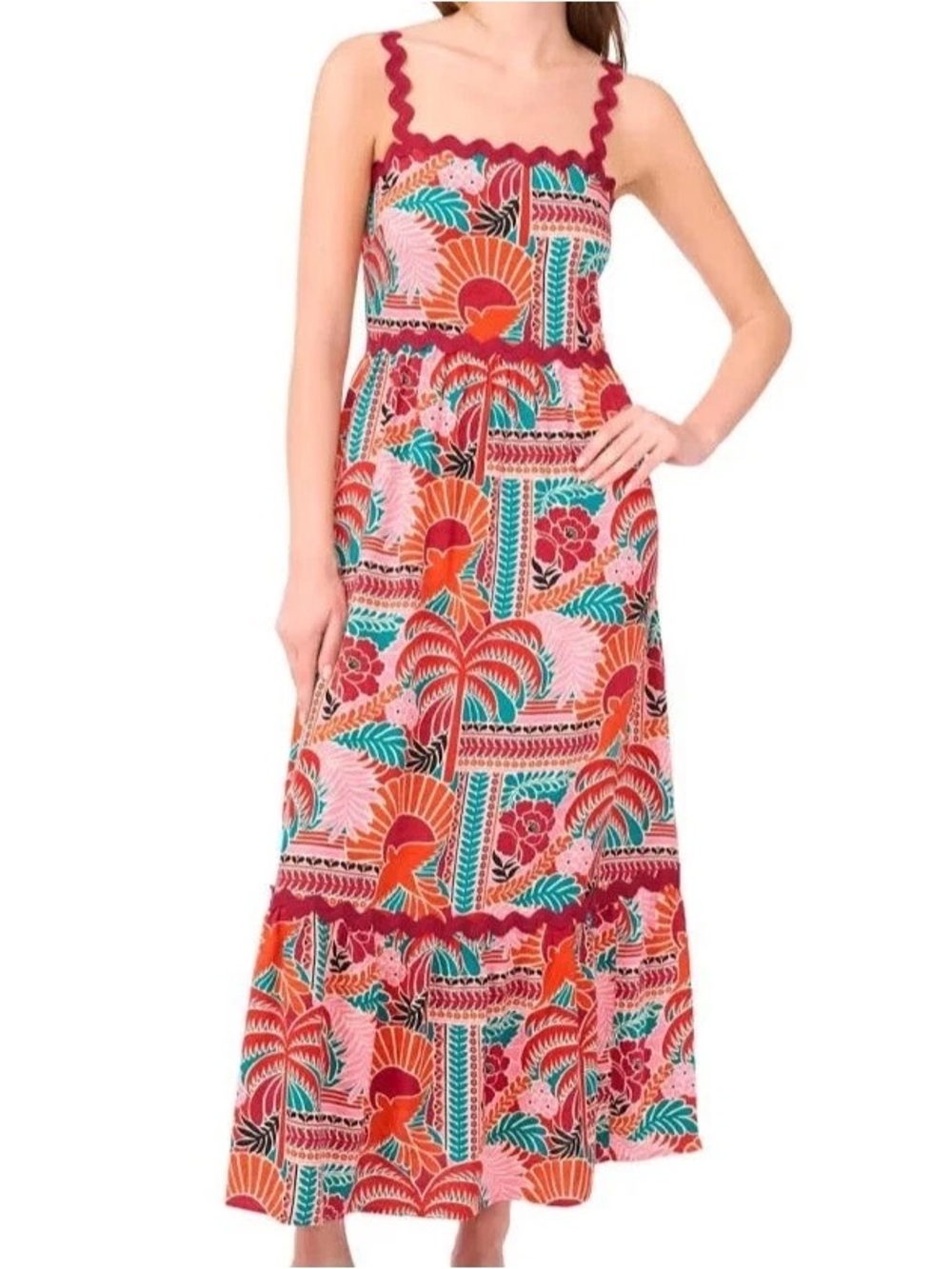 MSK Coral Pink Tropical-Print Maxi Dress with Teal Accents